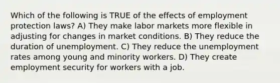 Which of the following is TRUE of the effects of employment protection laws? A) They make labor markets more flexible in adjusting for changes in market conditions. B) They reduce the duration of unemployment. C) They reduce the unemployment rates among young and minority workers. D) They create employment security for workers with a job.