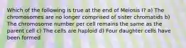 Which of the following is true at the end of Meiosis I? a) The chromosomes are no longer comprised of sister chromatids b) The chromosome number per cell remains the same as the parent cell c) The cells are haploid d) Four daughter cells have been formed