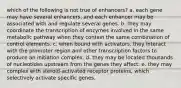 which of the following is not true of enhancers? a. each gene may have several enhancers, and each enhancer may be associated with and regulate several genes. b. they may coordinate the transcription of enzymes involved in the same metabolic pathway when they contain the same combination of control elements. c. when bound with activators, they interact with the promoter region and other transcription factors to produce an initiation complex. d. they may be located thousands of nucleotides upstream from the genes they affect. e. they may complex with steroid-activated receptor proteins, which selectively activate specific genes.