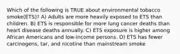 Which of the following is TRUE about environmental tobacco smoke(ETS)? A) Adults are more heavily exposed to ETS than children. B) ETS is responsible for more lung cancer deaths than heart disease deaths annually. C) ETS exposure is higher among African Americans and low-income persons. D) ETS has fewer carcinogens, tar, and nicotine than mainstream smoke