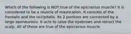 Which of the following is NOT true of the epicranius muscle? It is considered to be a muscle of mastication. It consists of the frontalis and the occipitalis. Its 2 portions are connected by a large aponeurosis. It acts to raise the eyebrows and retract the scalp. All of these are true of the epicranius muscle.