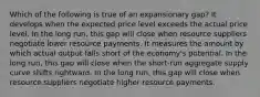 Which of the following is true of an expansionary gap? It develops when the expected price level exceeds the actual price level. In the long run, this gap will close when resource suppliers negotiate lower resource payments. It measures the amount by which actual output falls short of the economy's potential. In the long run, this gap will close when the short-run aggregate supply curve shifts rightward. In the long run, this gap will close when resource suppliers negotiate higher resource payments.