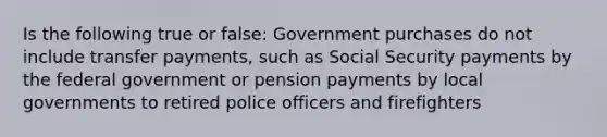 Is the following true or false: Government purchases do not include transfer payments, such as Social Security payments by the federal government or pension payments by local governments to retired police officers and firefighters