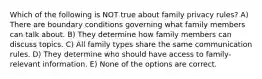 Which of the following is NOT true about family privacy rules? A) There are boundary conditions governing what family members can talk about. B) They determine how family members can discuss topics. C) All family types share the same communication rules. D) They determine who should have access to family-relevant information. E) None of the options are correct.