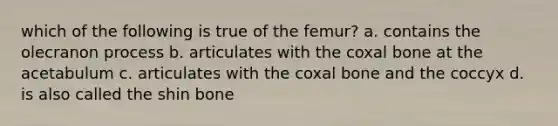 which of the following is true of the femur? a. contains the olecranon process b. articulates with the coxal bone at the acetabulum c. articulates with the coxal bone and the coccyx d. is also called the shin bone