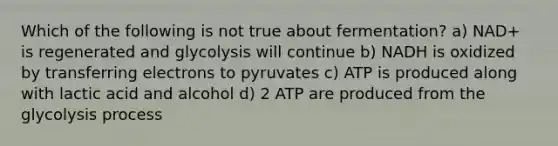 Which of the following is not true about fermentation? a) NAD+ is regenerated and glycolysis will continue b) NADH is oxidized by transferring electrons to pyruvates c) ATP is produced along with lactic acid and alcohol d) 2 ATP are produced from the glycolysis process