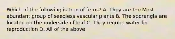 Which of the following is true of ferns? A. They are the Most abundant group of seedless vascular plants B. The sporangia are located on the underside of leaf C. They require water for reproduction D. All of the above