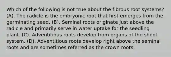 Which of the following is not true about the fibrous root systems? (A). The radicle is the embryonic root that first emerges from the germinating seed. (B). Seminal roots originate just above the radicle and primarily serve in water uptake for the seedling plant. (C). Adventitious roots develop from organs of the shoot system. (D). Adventitious roots develop right above the seminal roots and are sometimes referred as the crown roots.