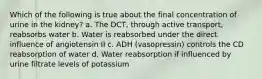 Which of the following is true about the final concentration of urine in the kidney? a. The DCT, through active transport, reabsorbs water b. Water is reabsorbed under the direct influence of angiotensin II c. ADH (vasopressin) controls the CD reabsorption of water d. Water reabsorption if influenced by urine filtrate levels of potassium