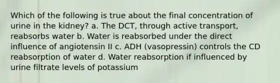 Which of the following is true about the final concentration of urine in the kidney? a. The DCT, through active transport, reabsorbs water b. Water is reabsorbed under the direct influence of angiotensin II c. ADH (vasopressin) controls the CD reabsorption of water d. Water reabsorption if influenced by urine filtrate levels of potassium