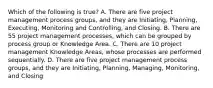 Which of the following is true? A. There are five project management process groups, and they are Initiating, Planning, Executing, Monitoring and Controlling, and Closing. B. There are 55 project management processes, which can be grouped by process group or Knowledge Area. C. There are 10 project management Knowledge Areas, whose processes are performed sequentially. D. There are five project management process groups, and they are Initiating, Planning, Managing, Monitoring, and Closing