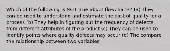 Which of the following is NOT true about flowcharts? (a) They can be used to understand and estimate the cost of quality for a process (b) They help in figuring out the frequency of defects from different attributes of the product (c) They can be used to identify points where quality defects may occur (d) The compare the relationship between two variables