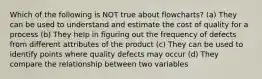 Which of the following is NOT true about flowcharts? (a) They can be used to understand and estimate the cost of quality for a process (b) They help in figuring out the frequency of defects from different attributes of the product (c) They can be used to identify points where quality defects may occur (d) They compare the relationship between two variables