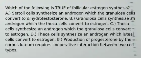 Which of the following is TRUE of follicular estrogen synthesis? A.) Sertoli cells synthesize an androgen which the granulosa cells convert to dihydrotestosterone. B.) Granulosa cells synthesize an androgen which the theca cells convert to estrogen. C.) Theca cells synthesize an androgen which the granulosa cells convert to estrogen. D.) Theca cells synthesize an androgen which luteal cells convert to estrogen. E.) Production of progesterone by the corpus luteum requires cooperative interaction between two cell types.