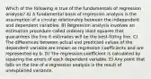 Which of the following is true of the fundamentals of regression analysis? A) A fundamental basis of regression analysis is the assumption of a circular relationship between the independent and dependent variables. B) Regression analysis involves an estimation procedure called ordinary least squares that guarantees the line it estimates will be the best-fitting line. C) The differences between actual and predicted values of the dependent variable are known as regression coefficients and are represented by b. D) The regression coefficient is calculated by squaring the errors of each dependent variable. E) Any point that falls on the line of a regression analysis is the result of unexplained variance.