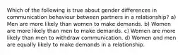 Which of the following is true about gender differences in communication behaviour between partners in a relationship? a) Men are more likely than women to make demands. b) Women are more likely than men to make demands. c) Women are more likely than men to withdraw communication. d) Women and men are equally likely to make demands in a relationship.