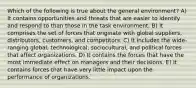 Which of the following is true about the general environment? A) It contains opportunities and threats that are easier to identify and respond to than those in the task environment. B) It comprises the set of forces that originate with global suppliers, distributors, customers, and competitors. C) It includes the wide-ranging global, technological, sociocultural, and political forces that affect organizations. D) It contains the forces that have the most immediate effect on managers and their decisions. E) It contains forces that have very little impact upon the performance of organizations.