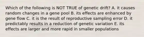 Which of the following is NOT TRUE of genetic drift? A. it causes random changes in a gene pool B. its effects are enhanced by gene flow C. it is the result of reproductive sampling error D. it predictably results in a reduction of genetic variation E. its effects are larger and more rapid in smaller populations