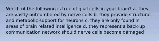 Which of the following is true of glial cells in your brain? a. they are vastly outnumbered by nerve cells b. they provide structural and metabolic support for neurons c. they are only found in areas of brain related intelligence d. they represent a back-up communication network should nerve cells become damaged