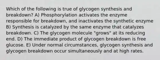 Which of the following is true of glycogen synthesis and breakdown? A) Phosphorylation activates the enzyme responsible for breakdown, and inactivates the synthetic enzyme B) Synthesis is catalyzed by the same enzyme that catalyzes breakdown. C) The glycogen molecule "grows" at its reducing end. D) The immediate product of glycogen breakdown is free glucose. E) Under normal circumstances, glycogen synthesis and glycogen breakdown occur simultaneously and at high rates.