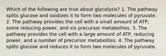 Which of the following are true about glycolysis? 1. The pathway splits glucose and oxidizes it to form two molecules of pyruvate. 2. The pathway provides the cell with a small amount of ATP, some reducing power, and six precursor metabolites. 3. The pathway provides the cell with a large amount of ATP, reducing power, and a number of precursor metabolites. 4. The pathway splits glucose and reduces it to form two molecules of pyruvate.