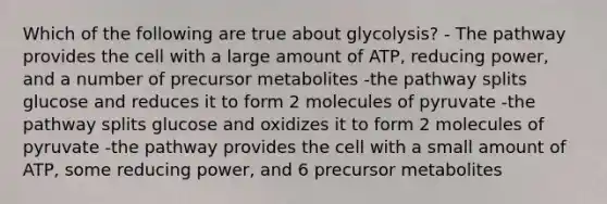 Which of the following are true about glycolysis? - The pathway provides the cell with a large amount of ATP, reducing power, and a number of precursor metabolites -the pathway splits glucose and reduces it to form 2 molecules of pyruvate -the pathway splits glucose and oxidizes it to form 2 molecules of pyruvate -the pathway provides the cell with a small amount of ATP, some reducing power, and 6 precursor metabolites