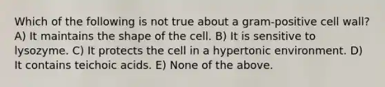 Which of the following is not true about a gram-positive cell wall? A) It maintains the shape of the cell. B) It is sensitive to lysozyme. C) It protects the cell in a hypertonic environment. D) It contains teichoic acids. E) None of the above.