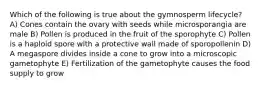 Which of the following is true about the gymnosperm lifecycle? A) Cones contain the ovary with seeds while microsporangia are male B) Pollen is produced in the fruit of the sporophyte C) Pollen is a haploid spore with a protective wall made of sporopollenin D) A megaspore divides inside a cone to grow into a microscopic gametophyte E) Fertilization of the gametophyte causes the food supply to grow