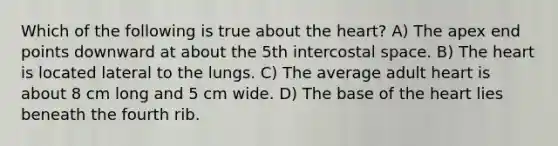 Which of the following is true about the heart? A) The apex end points downward at about the 5th intercostal space. B) The heart is located lateral to the lungs. C) The average adult heart is about 8 cm long and 5 cm wide. D) The base of the heart lies beneath the fourth rib.