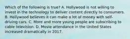 Which of the following is true? A. Hollywood is not willing to invest in the technology to deliver content directly to consumers. B. Hollywood believes it can make a lot of money with self-driving cars. C. More and more young people are subscribing to cable television. D. Movie attendance in the United States increased dramatically in 2017.