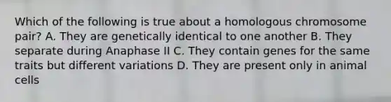 Which of the following is true about a homologous chromosome pair? A. They are genetically identical to one another B. They separate during Anaphase II C. They contain genes for the same traits but different variations D. They are present only in animal cells