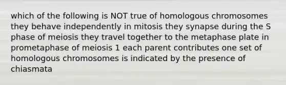 which of the following is NOT true of homologous chromosomes they behave independently in mitosis they synapse during the S phase of meiosis they travel together to the metaphase plate in prometaphase of meiosis 1 each parent contributes one set of homologous chromosomes is indicated by the presence of chiasmata