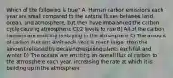 Which of the following is true? A) Human carbon emissions each year are small compared to the natural fluxes between land, ocean, and atmosphere, but they have imbalanced the carbon cycle causing atmospheric CO2 levels to rise B) All of the carbon humans are emitting is staying in the atmosphere C) The amount of carbon humans emit each year is much larger than the amount released by decaying/respiring plants each fall and winter D) The oceans are emitting an overall flux of carbon to the atmosphere each year, increasing the rate at which it is building up in the atmosphere