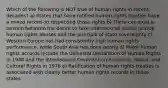 Which of the following is NOT true of human rights in recent decades? a) States that have ratified human rights treaties have a mixed record on respecting those rights b) There can exist a tension between the desire to take international action to stop human rights abuses and the principle of state sovereignty c) Western Europe has had consistently high human rights performance, while South Asia has done poorly d) Major human rights accords include the Universal Declaration of Human Rights in 1948 and the International Covenant on Economic, Social, and Cultural Rights in 1976 e) Ratification of human rights treaties is associated with clearly better human rights records In those states