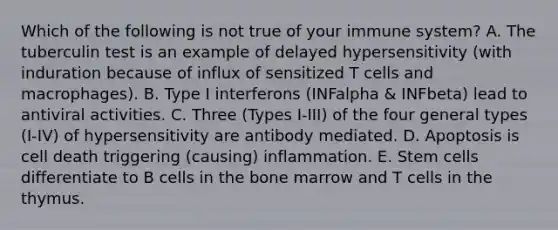 Which of the following is not true of your immune system? A. The tuberculin test is an example of delayed hypersensitivity (with induration because of influx of sensitized T cells and macrophages). B. Type I interferons (INFalpha & INFbeta) lead to antiviral activities. C. Three (Types I-III) of the four general types (I-IV) of hypersensitivity are antibody mediated. D. Apoptosis is cell death triggering (causing) inflammation. E. Stem cells differentiate to B cells in the bone marrow and T cells in the thymus.