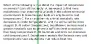 Which of the following is true about the impact of temperature on animals? (pick all that apply) A. We expect to find more endothermic than ectothermic animals in the coldest terrestrial environments B. Mammals and birds are only found in cold temperatures C. For an ectothermic animal, metabolic rate decreases in colder temperatures, and the animal will be more sluggish D. At colder temperatures, endothermic animals need a greater metabolic rate to generate sufficient heat to maintain their body temperature E. All mammals and birds can tolerature cold temperatures F. Endothermic animals that tolerate very cold temperatures have adaptations that reduce heat loss