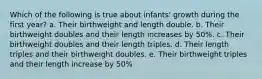 Which of the following is true about infants' growth during the first year? a. Their birthweight and length double. b. Their birthweight doubles and their length increases by 50%. c. Their birthweight doubles and their length triples. d. Their length triples and their birthweight doubles. e. Their birthweight triples and their length increase by 50%