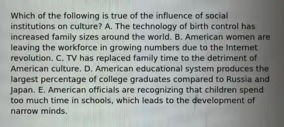 Which of the following is true of the influence of social institutions on culture? A. The technology of birth control has increased family sizes around the world. B. American women are leaving the workforce in growing numbers due to the Internet revolution. C. TV has replaced family time to the detriment of American culture. D. American educational system produces the largest percentage of college graduates compared to Russia and Japan. E. American officials are recognizing that children spend too much time in schools, which leads to the development of narrow minds.