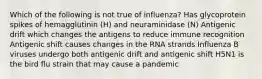 Which of the following is not true of influenza? Has glycoprotein spikes of hemagglutinin (H) and neuraminidase (N) Antigenic drift which changes the antigens to reduce immune recognition Antigenic shift causes changes in the RNA strands Influenza B viruses undergo both antigenic drift and antigenic shift H5N1 is the bird flu strain that may cause a pandemic