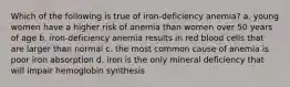 Which of the following is true of iron-deficiency anemia? a. young women have a higher risk of anemia than women over 50 years of age b. iron-deficiency anemia results in red blood cells that are larger than normal c. the most common cause of anemia is poor iron absorption d. iron is the only mineral deficiency that will impair hemoglobin synthesis