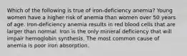 Which of the following is true of iron-deficiency anemia? Young women have a higher risk of anemia than women over 50 years of age. Iron-deficiency anemia results in red blood cells that are larger than normal. Iron is the only mineral deficiency that will impair hemoglobin synthesis. The most common cause of anemia is poor iron absorption.