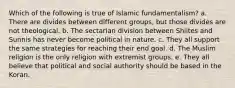 Which of the following is true of Islamic fundamentalism? a. There are divides between different groups, but those divides are not theological. b. The sectarian division between Shiites and Sunnis has never become political in nature. c. They all support the same strategies for reaching their end goal. d. The Muslim religion is the only religion with extremist groups. e. They all believe that political and social authority should be based in the Koran.