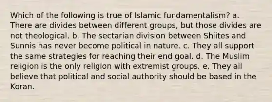 Which of the following is true of Islamic fundamentalism? a. There are divides between different groups, but those divides are not theological. b. The sectarian division between Shiites and Sunnis has never become political in nature. c. They all support the same strategies for reaching their end goal. d. The Muslim religion is the only religion with extremist groups. e. They all believe that political and social authority should be based in the Koran.