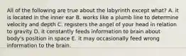 All of the following are true about the labyrinth except what? A. it is located in the inner ear B. works like a plumb line to determine velocity and depth C. registers the angel of your head in relation to gravity D. it constantly feeds information to brain about body's position in space E. it may occasionally feed wrong information to the brain.