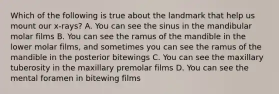 Which of the following is true about the landmark that help us mount our x-rays? A. You can see the sinus in the mandibular molar films B. You can see the ramus of the mandible in the lower molar films, and sometimes you can see the ramus of the mandible in the posterior bitewings C. You can see the maxillary tuberosity in the maxillary premolar films D. You can see the mental foramen in bitewing films