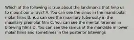 Which of the following is true about the landmarks that help us to mount our x-rays? A. You can see the sinus in the mandibular molar films B. You can see the maxillary tuberosity in the maxillary premolar film C. You can see the mental foramen in bitewing films D. You can see the ramus of the mandible in lower molar films and sometimes in the posterior bitewings