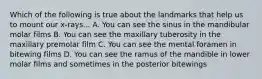 Which of the following is true about the landmarks that help us to mount our x-rays... A. You can see the sinus in the mandibular molar films B. You can see the maxillary tuberosity in the maxillary premolar film C. You can see the mental foramen in bitewing films D. You can see the ramus of the mandible in lower molar films and sometimes in the posterior bitewings