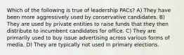 Which of the following is true of leadership PACs? A) They have been more aggressively used by conservative candidates. B) They are used by private entities to raise funds that they then distribute to incumbent candidates for office. C) They are primarily used to buy issue advertising across various forms of media. D) They are typically not used in primary elections.