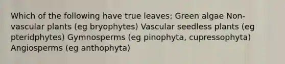 Which of the following have true leaves: Green algae Non-vascular plants (eg bryophytes) Vascular seedless plants (eg pteridphytes) Gymnosperms (eg pinophyta, cupressophyta) Angiosperms (eg anthophyta)