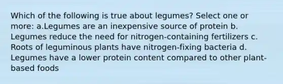 Which of the following is true about legumes? Select one or more: a.Legumes are an inexpensive source of protein b. Legumes reduce the need for nitrogen-containing fertilizers c. Roots of leguminous plants have nitrogen-fixing bacteria d. Legumes have a lower protein content compared to other plant-based foods